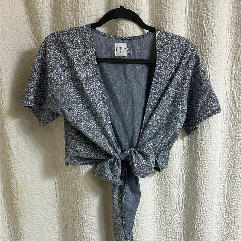 Blue gray Tie-Front Top floral
